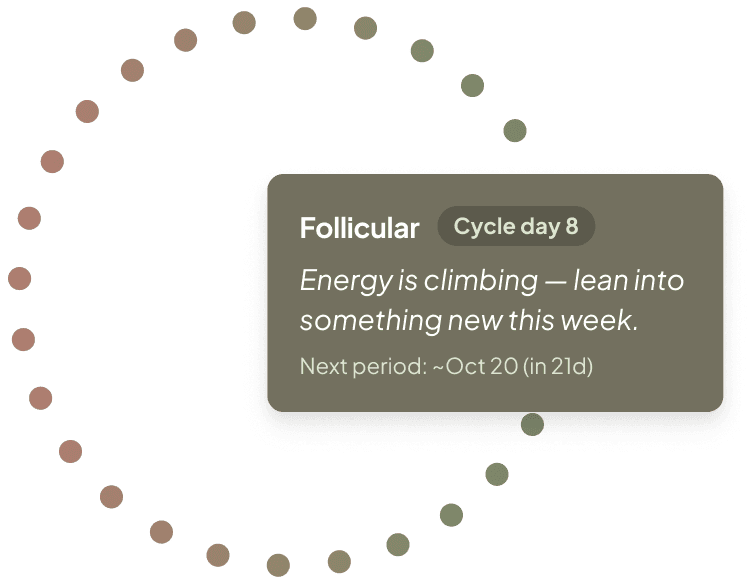 A circular cycle visualization with a Follicular phase card and a line of phase guidance.