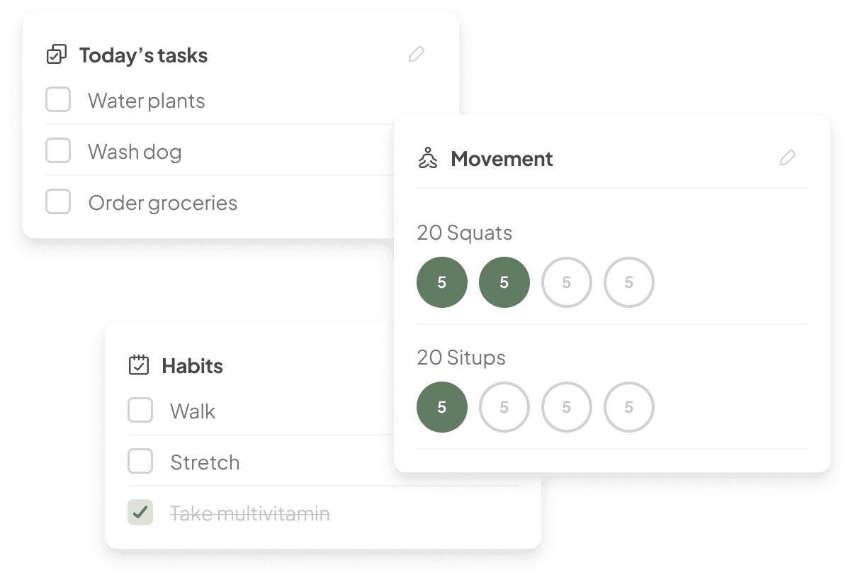 Floating Tend cards: daily habits, movement goals, and today's tasks.