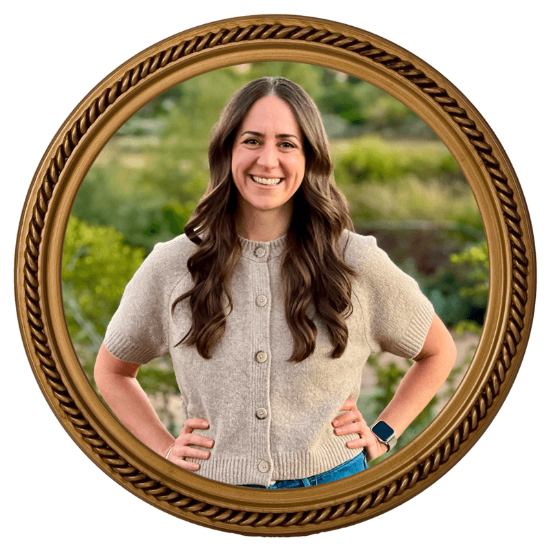 Kate McGee, creator of Tendlist, smiling with her hands on her hips, framed in a round vintage picture frame.